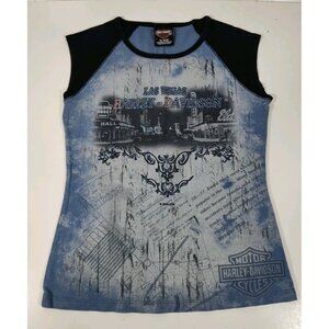 Harley Davidson Las Vegas Sleeveless Top Women's M All Over Print Bling Vintage